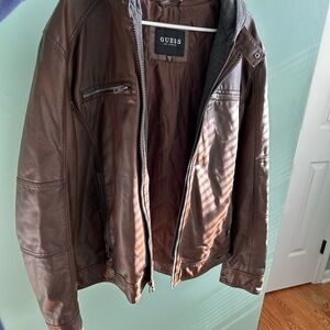 GUESS Men's Dark Brown Leather Bomber Jacket